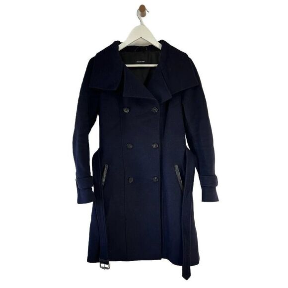 Mackage Navy Blue Double Breasted Belted Wool Coat with Stud Details - Picture 2 of 10